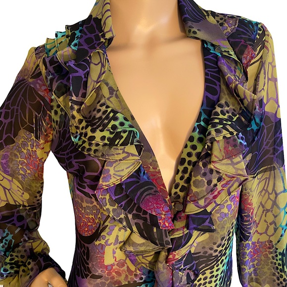 ๐ BISOU BISOU | MARIELLA ANIMALISTIC PRINT SHEER RUFFLE DRESS / BLOUSE SZ S - Picture 7 of 14
